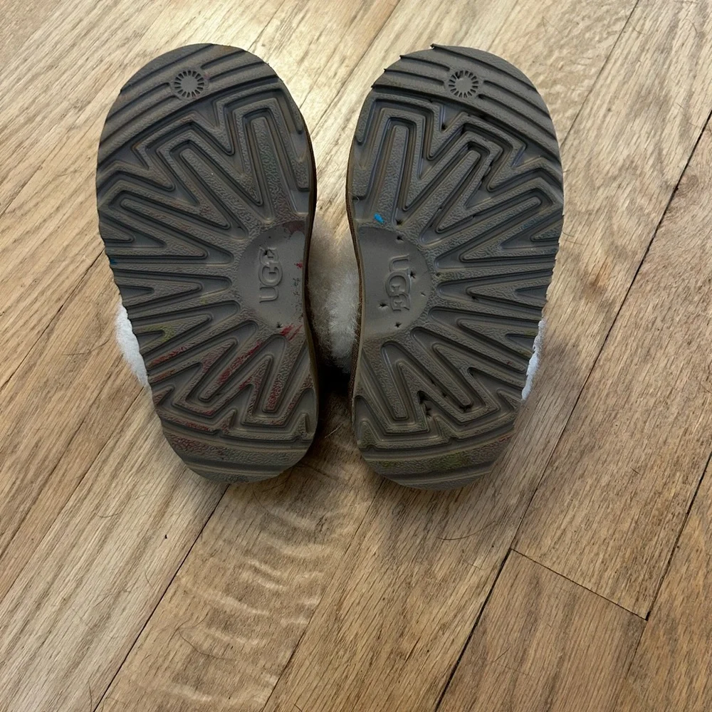 UGG Chestnut and Shearling Slide Slippers with White Fur Trim